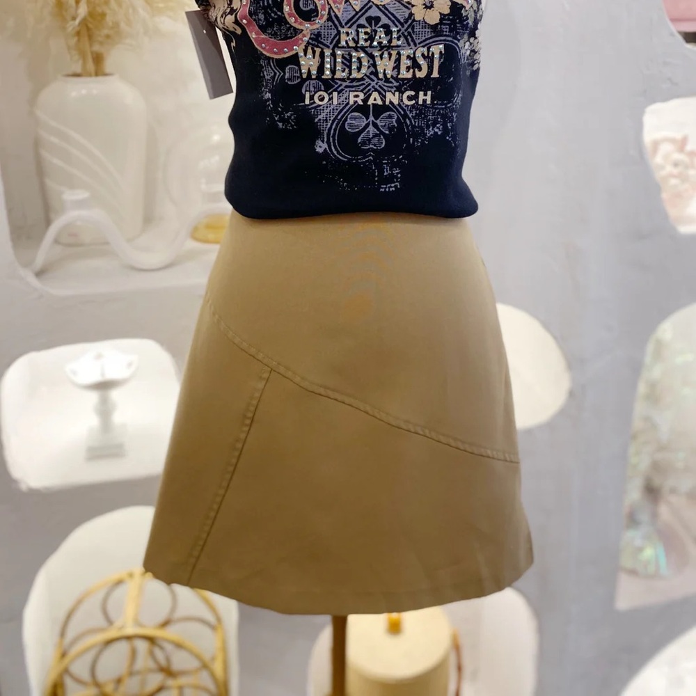 Vintage Tan Mini Skirt with Asymmetrical Stitching and Zipper in Back